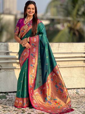 Green ethnic motifs zari silk blend paithani saree 1