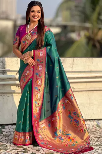 Green ethnic motifs zari silk blend paithani saree