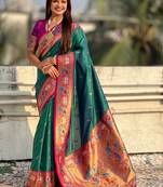 Green ethnic motifs zari silk blend paithani saree