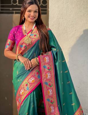 Green ethnic motifs zari silk blend paithani saree 2