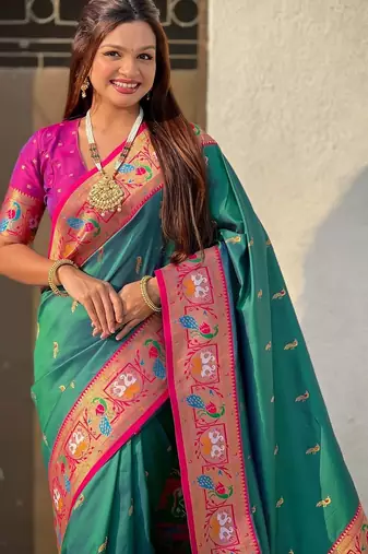 Green ethnic motifs zari silk blend paithani saree
