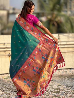 Green ethnic motifs zari silk blend paithani saree 5