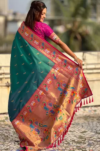 Green ethnic motifs zari silk blend paithani saree