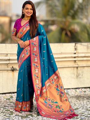 Blue ethnic motifs zari silk blend paithani saree 1