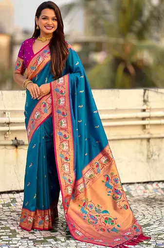 Blue ethnic motifs zari silk blend paithani saree