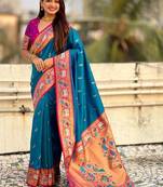 Blue ethnic motifs zari silk blend paithani saree