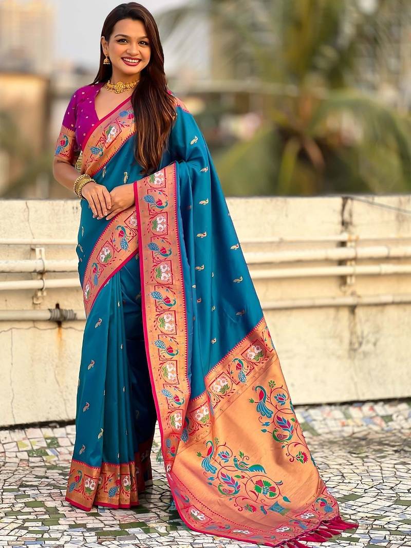 Blue ethnic motifs zari silk blend paithani saree