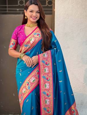 Blue ethnic motifs zari silk blend paithani saree 2