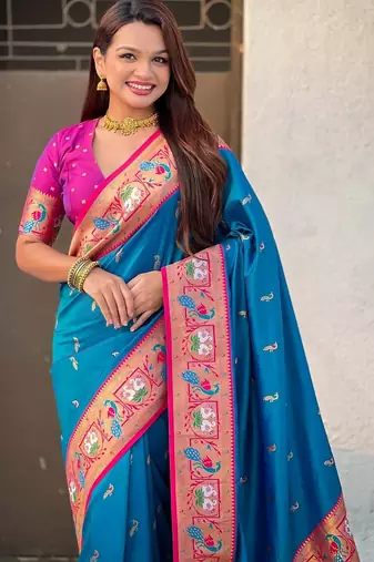 Blue ethnic motifs zari silk blend paithani saree