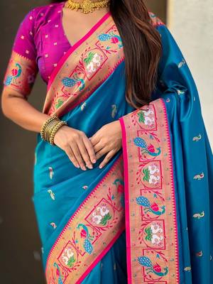 Blue ethnic motifs zari silk blend paithani saree 3