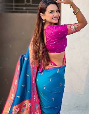 Blue ethnic motifs zari silk blend paithani saree 4