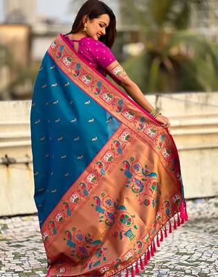 Blue ethnic motifs zari silk blend paithani saree 5