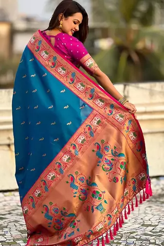 Blue ethnic motifs zari silk blend paithani saree