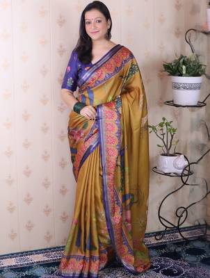 Mustard ethnic motifs silk blend handloom tussar saree 1
