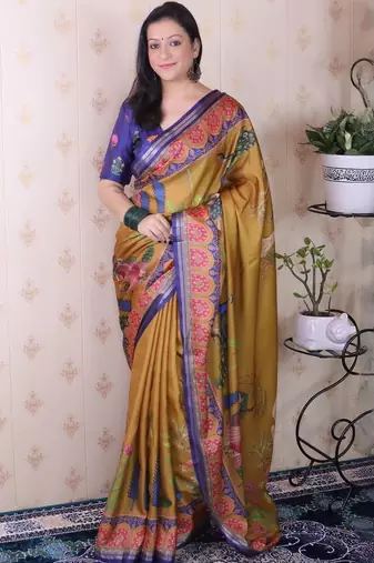 Mustard ethnic motifs silk blend handloom tussar saree