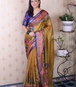 Mustard ethnic motifs silk blend handloom tussar saree