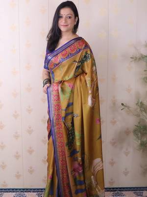 Mustard ethnic motifs silk blend handloom tussar saree 2
