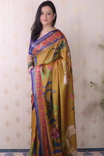 Mustard ethnic motifs silk blend handloom tussar saree
