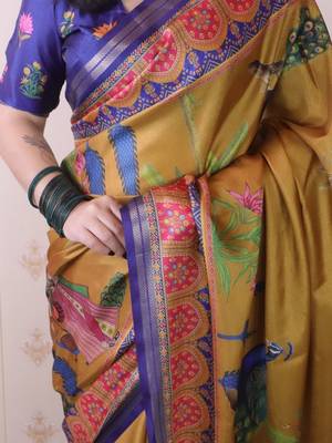Mustard ethnic motifs silk blend handloom tussar saree 3