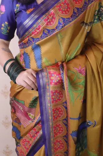 Mustard ethnic motifs silk blend handloom tussar saree