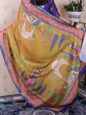 Mustard ethnic motifs silk blend handloom tussar saree 4