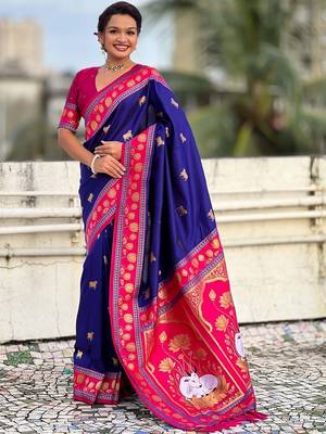 Blue ethnic motifs zari silk blend handloom fashion saree 1