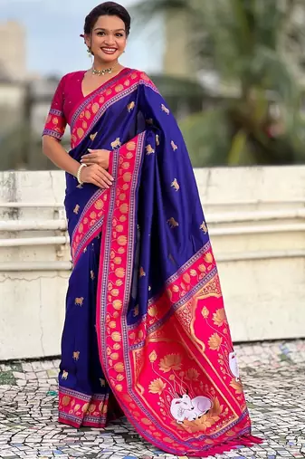 Blue ethnic motifs zari silk blend handloom fashion saree
