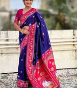 Blue ethnic motifs zari silk blend handloom fashion saree