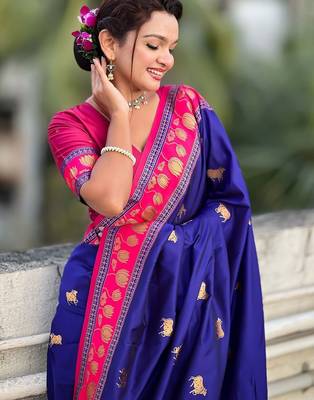 Blue ethnic motifs zari silk blend handloom fashion saree 2