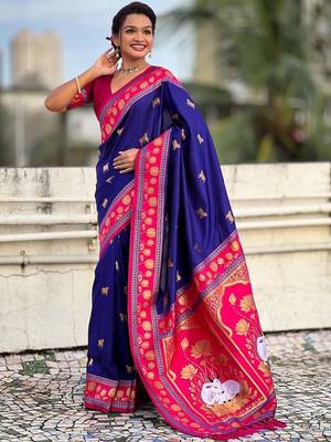 Blue ethnic motifs zari silk blend handloom fashion saree 3
