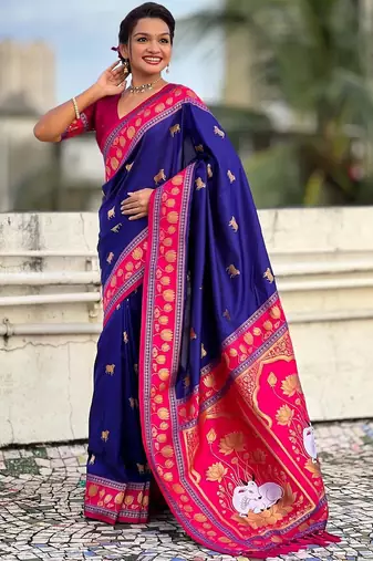 Blue ethnic motifs zari silk blend handloom fashion saree