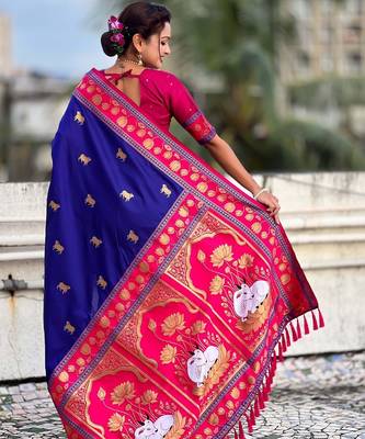 Blue ethnic motifs zari silk blend handloom fashion saree 4