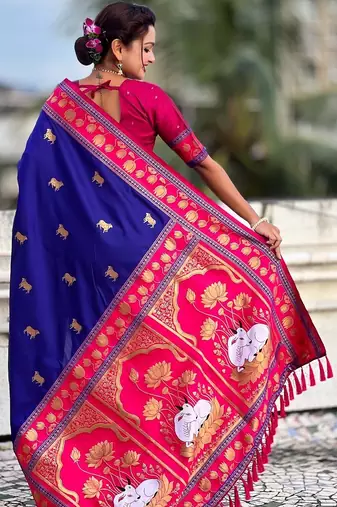 Blue ethnic motifs zari silk blend handloom fashion saree