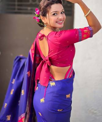 Blue ethnic motifs zari silk blend handloom fashion saree 5