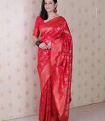 Pink woven design zari silk blend banarasi saree