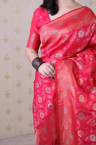 Pink woven design zari silk blend banarasi saree