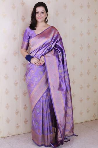 Lavender woven design zari silk blend banarasi saree