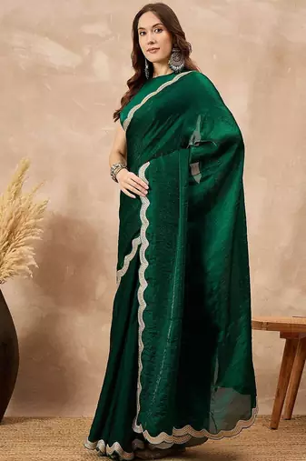Green solid embellished gotta patti organza saree