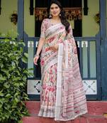 White women floral printed  linen saree