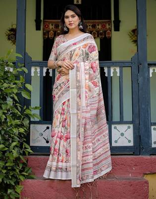 White women floral printed  linen saree 2