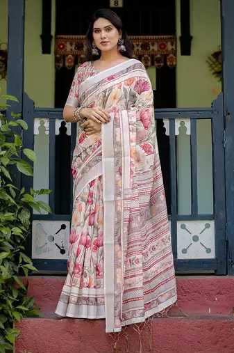 White women floral printed  linen saree