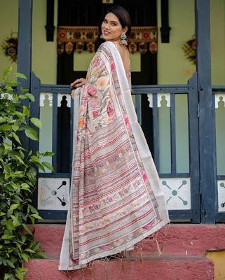 White women floral printed  linen saree 3