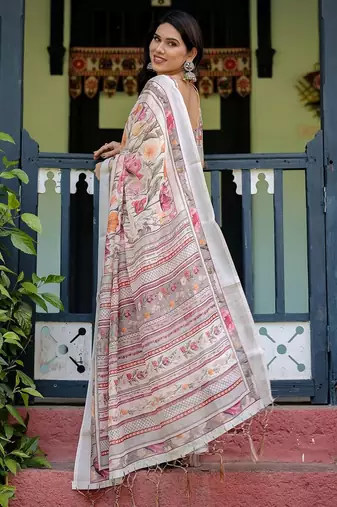 White women floral printed  linen saree