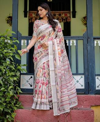 White women floral printed  linen saree 4