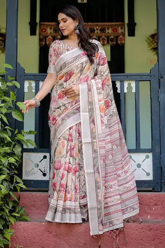 White women floral printed  linen saree