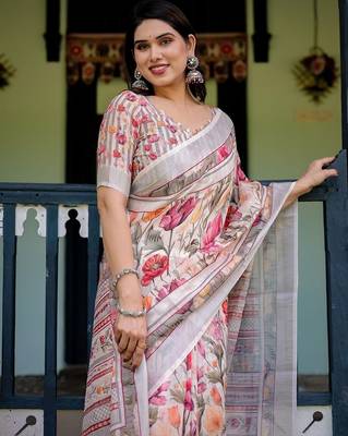 White women floral printed  linen saree 5