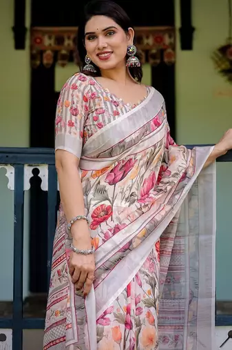 White women floral printed  linen saree