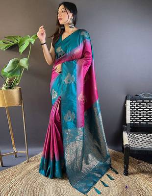 Pink woven design zari kanjeevaram saree 1