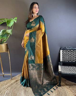 Yellow ethnic motifs woven design zari kanjeevaram saree 1