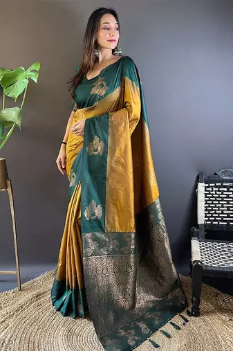 Yellow ethnic motifs woven design zari kanjeevaram saree